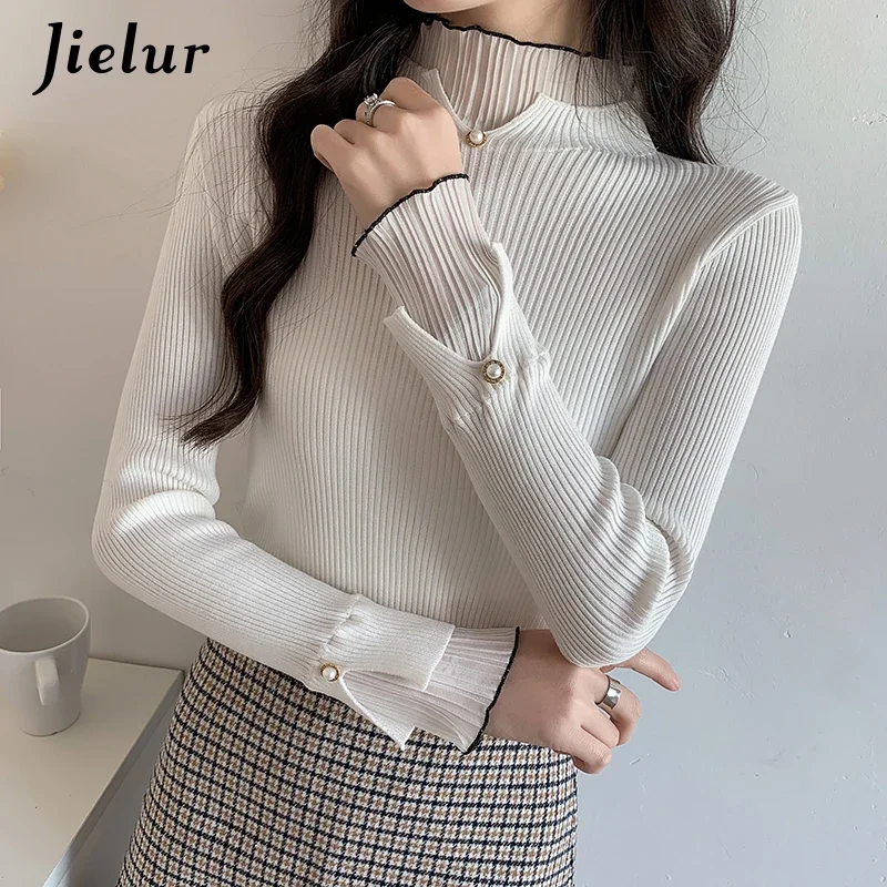 Jielur Autumn Lace Stitching Fake Two-piece Women Sweater Slim Elegant Lady Bottoming Shirt White BlackTurtleneck Top Female