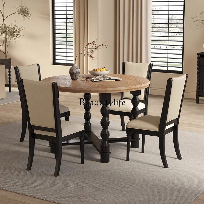

American retro rural solid wood dining table French medieval home round table living room