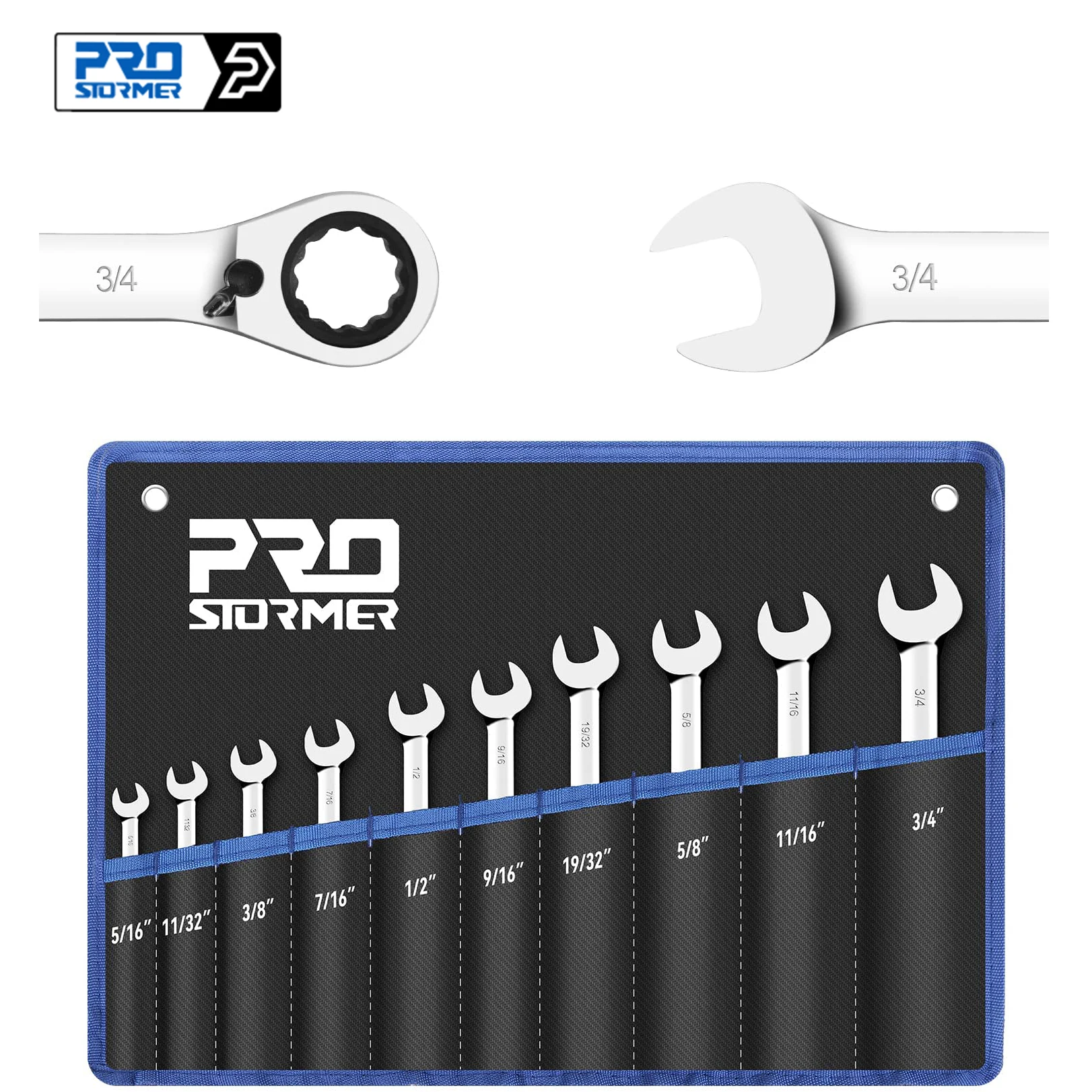 Reversible Ratcheting Combination Wrench Set 10-Piece 5/16" to 3/4" SAE Box End and Open End Spanner  PROSTORMER