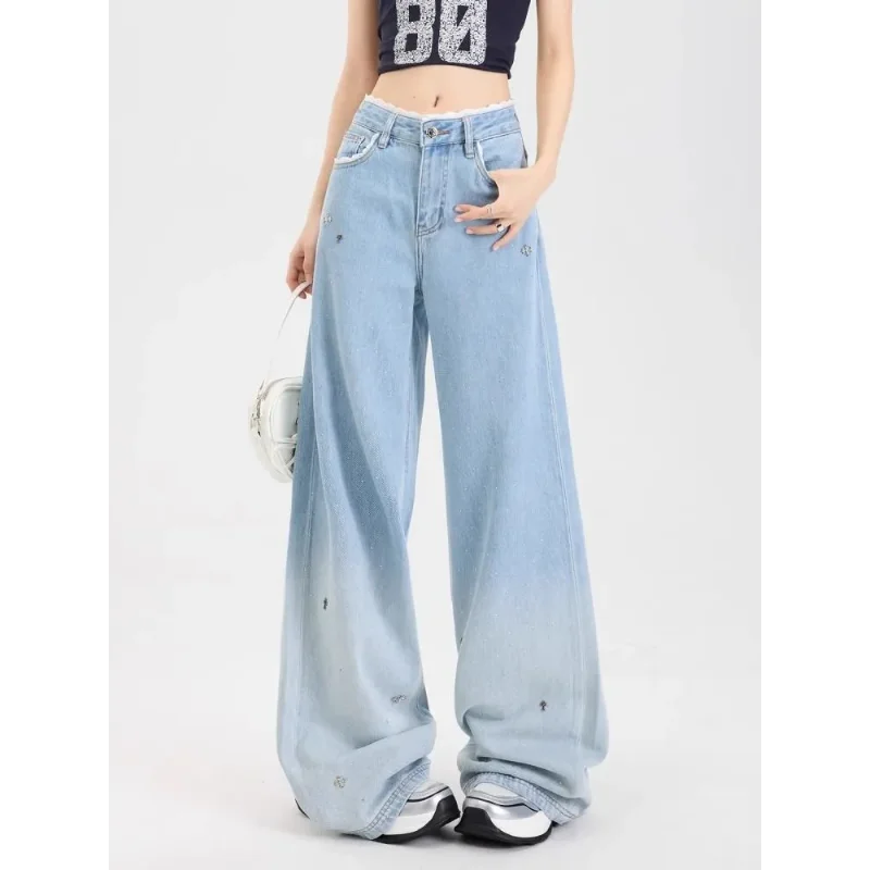 

Women's High Waist Wide Leg Denim Jeans Glitter Embellished Gradient Wash Casual Loose Trousers