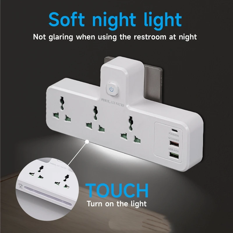 UK EU US Standard Universal Socket Extension USB Type C Port PD QC Fast Charge Plug with Socket Nightlight Independent Switch SD