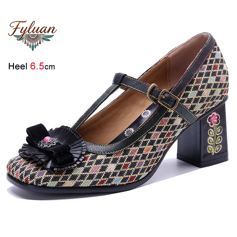 

New Summer Black Checked Print Women's Shoes Square Toe Flowers Chunky Heels 6.5cm T-shaped Straight Strap Buckle Bohemian Shoes