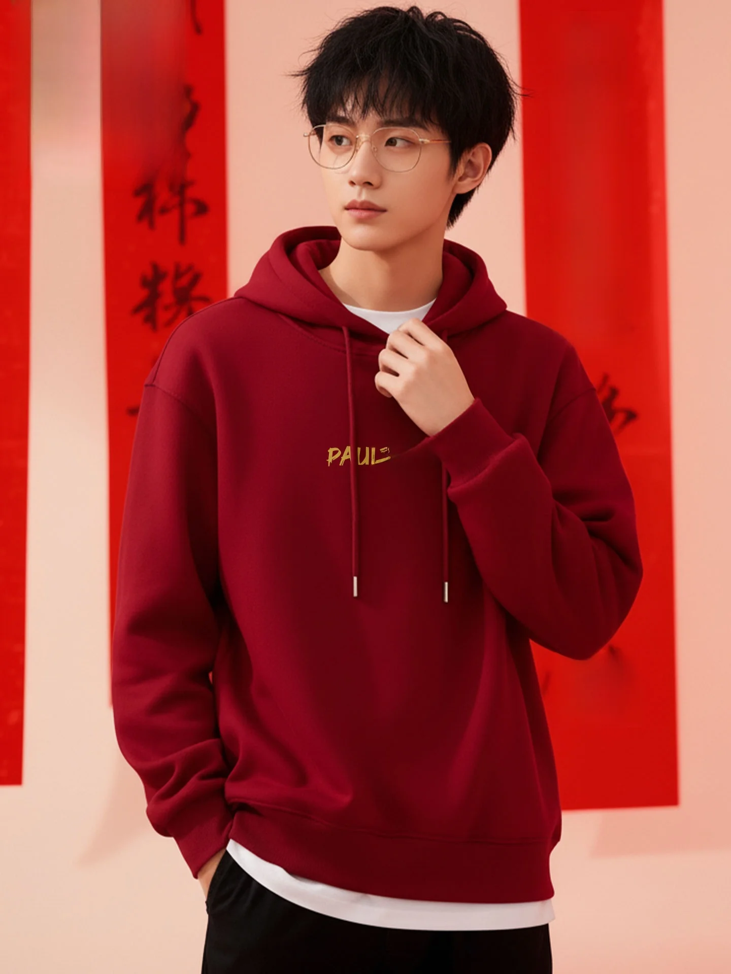 

Men's Fce Lined Hoodie Red New Year's Clothing Winter Seasonal Wear Casual Sle Long Sve Sweatirt