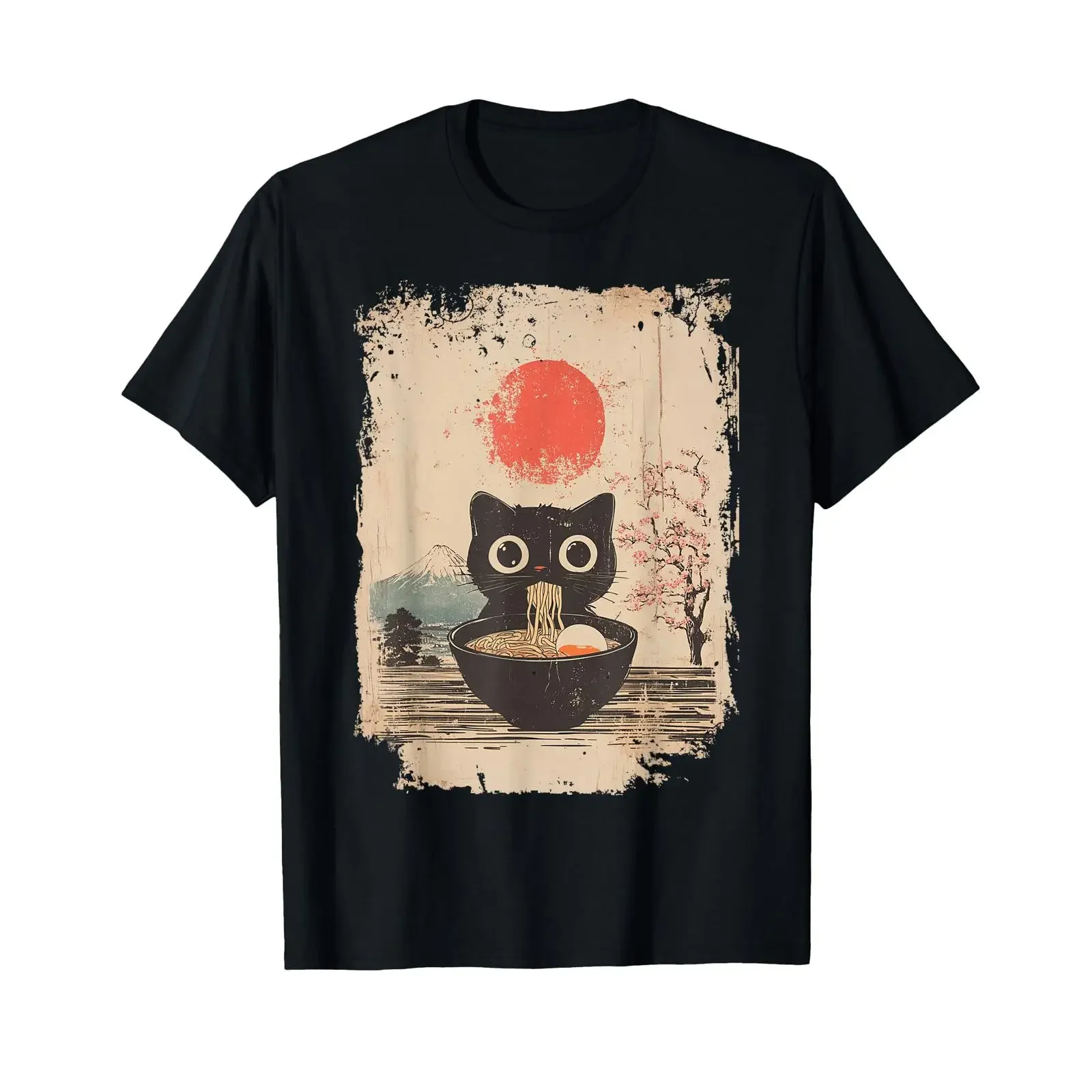 Funny Kawaii Black Cat Eats Ramen Noodles Bowl T Shirt S vintage Washed graphic Unisex Comfortable Slightly fashion streetwear
