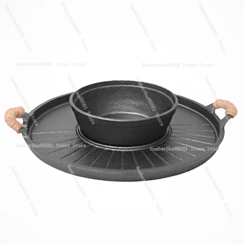Cast Iron Hot Pot and Grill Pan Dual Purpose Cooking Pot with Handles for Home Commercial Use BBQ