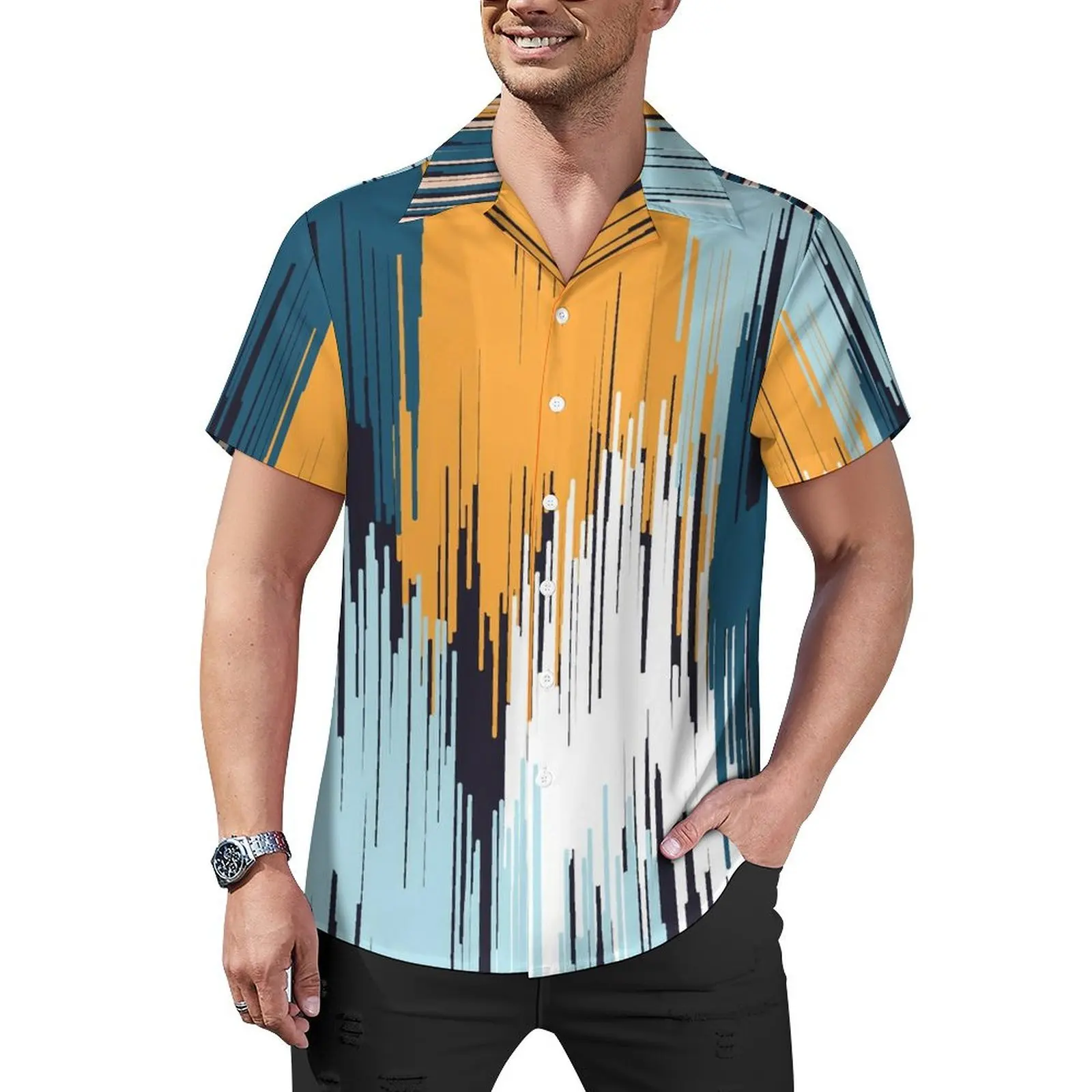 

Colorful Brush Beach Shirt Male Liquid Groovy Lines Vintage Casual Shirts Hawaii Short Sleeve Breathable Oversized Blouses Gift