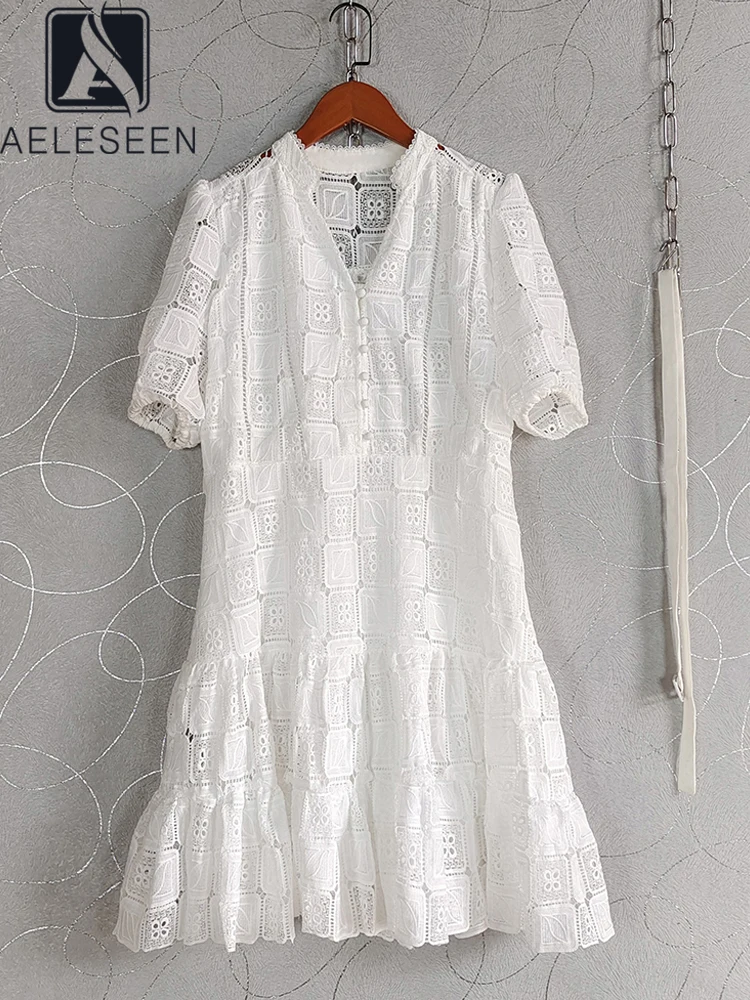 

AELESEEN Women Summer Casual Dress Design Fashion V-Neck Single-Breasted Lantern Sleeve Loose White Mini Holiday Vacation