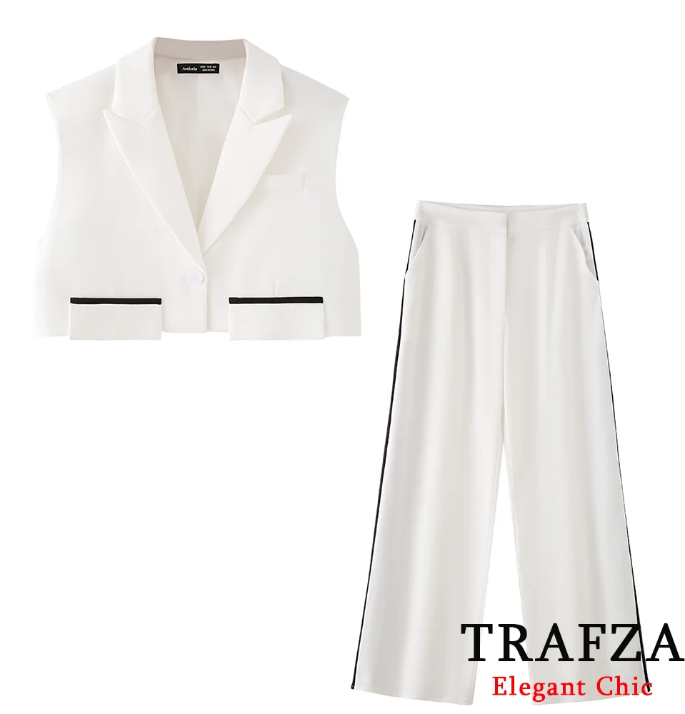 

TRAFZA Women Elegant Commute Vest Set Flap Short Vest Long Pant 2025 Spring Summer Fashion Minimalist High Street Lady Pant Set