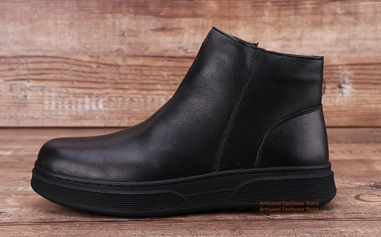 Men's Black Leather Winter Ankle Boots Faux Fur Lined Side Zipper Thick Sole Warm Casual Chelsea Booties Trendy Men's Boots