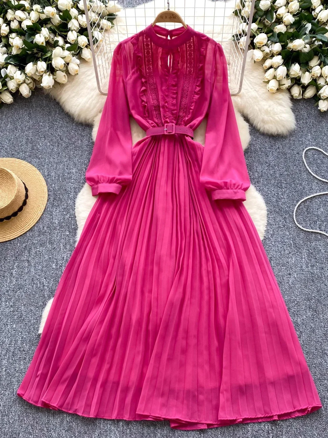 Spring Autumn Women Lace Patchwork Ruffle Draped Long Dress Rose Red/Purple/Green/White/Black Pleated Robe Casual Vestidos New