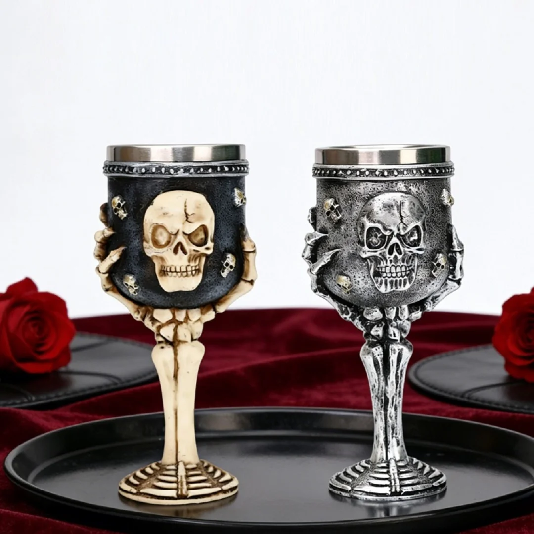 

New Skull Retro Goblet Gothic Style Stainless Steel Liner Cocktail Red Wine Glass Whiskey Cups Bar Decor Halloween Gift