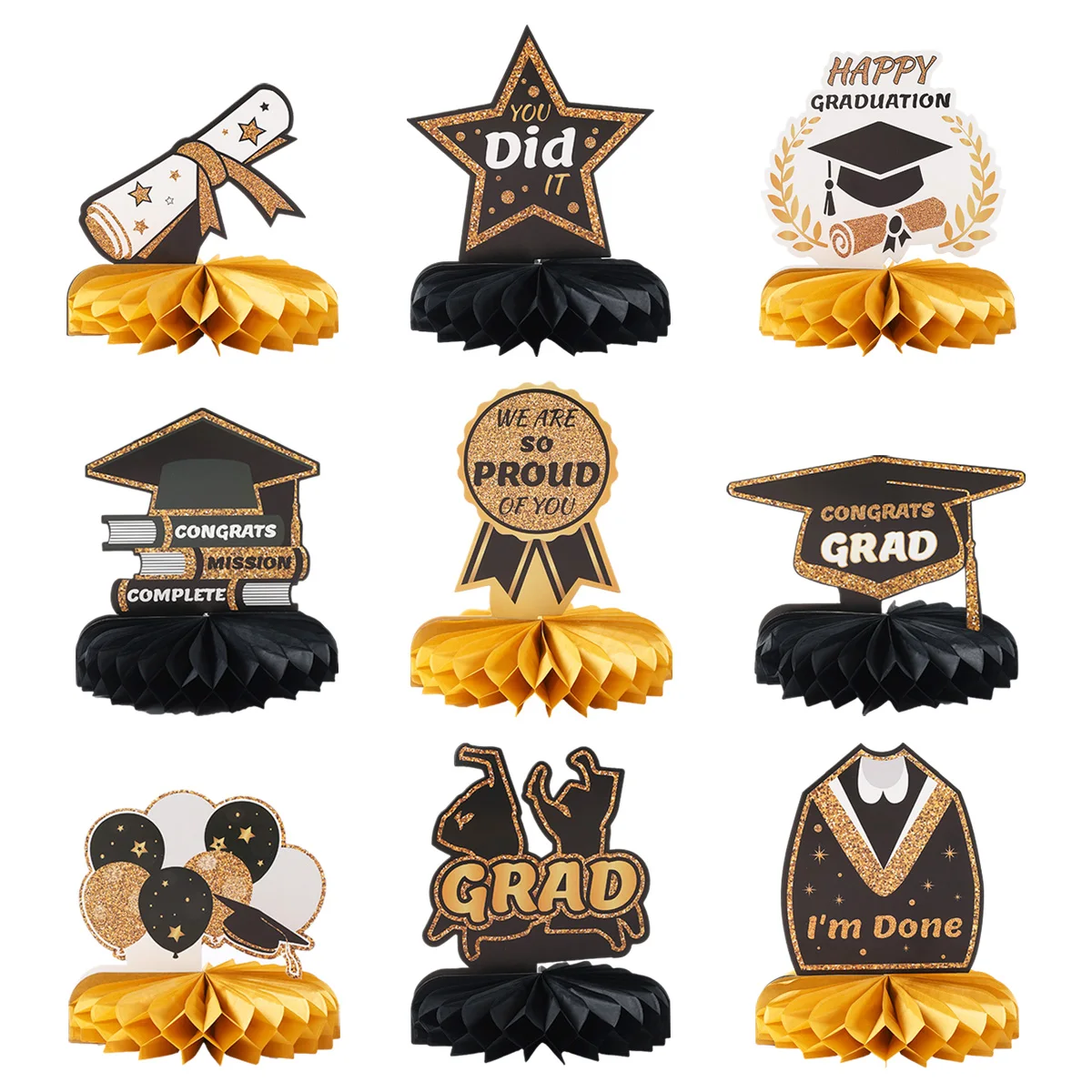 9Pcs/set Congratulation Grads Party Bachelor Graduates Hat Honeycomb Desktop Decoration for Graduation Decoration 2025