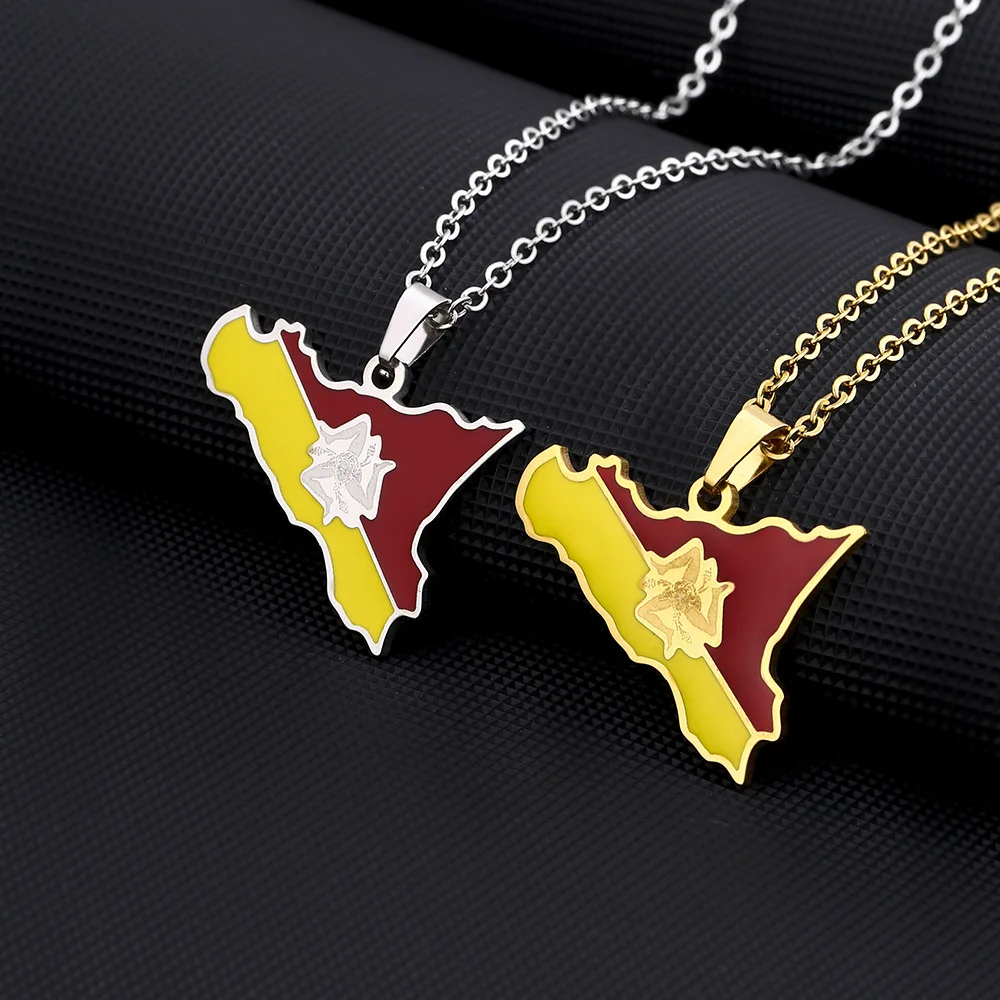 2024 New fashion stainless steel Sicily map and flag necklace for men and women couples ethnic style collarbone chain accessorie