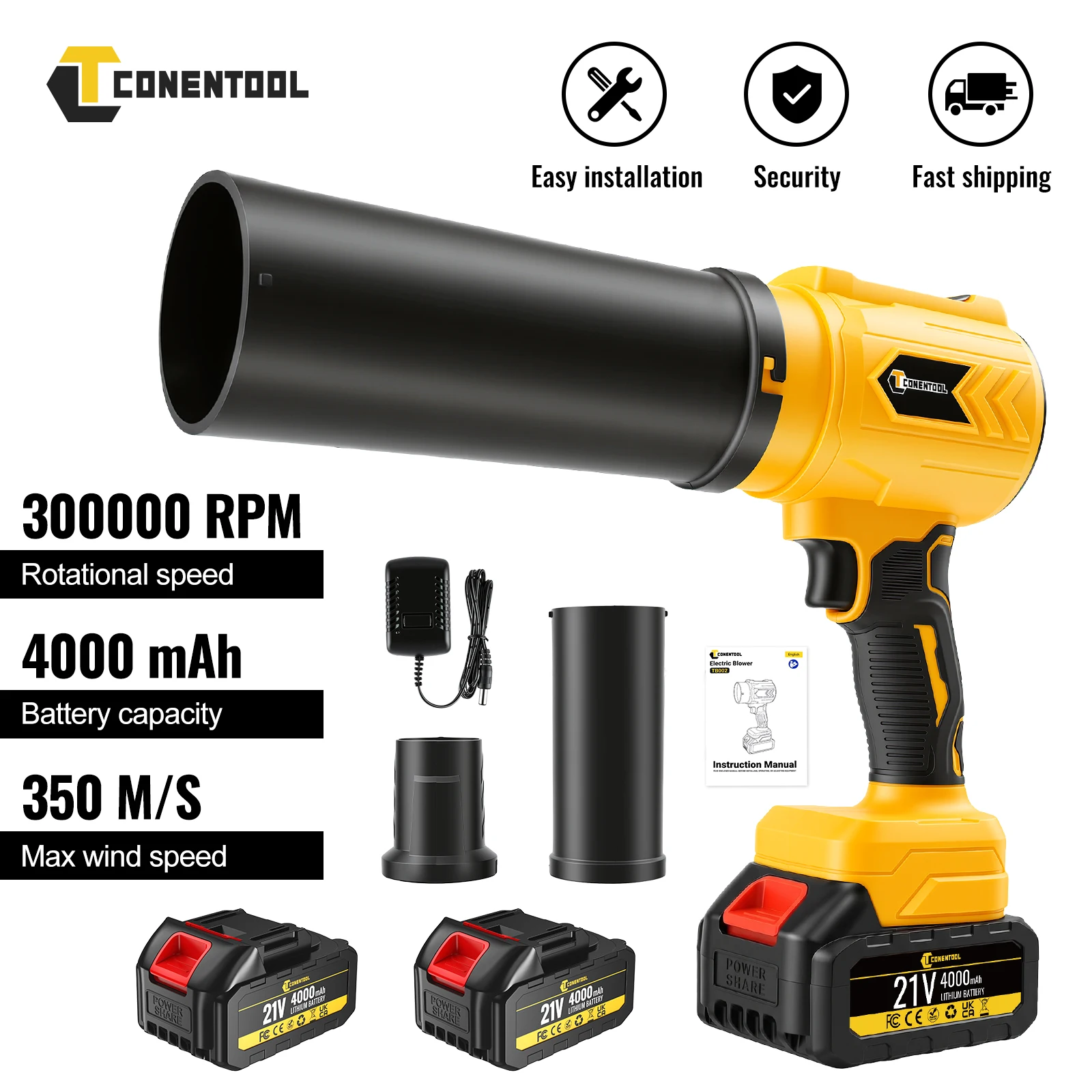 CONENTOOL Soffiatore d'Aria Senza Fili 21V 3000W 300000RPM 350m/s Ventilatore Turbo Jet Portatile ad Alta Velocità con Regolazione Continua della Velocità e Batterie al Litio Opzionali da 2.0Ah e