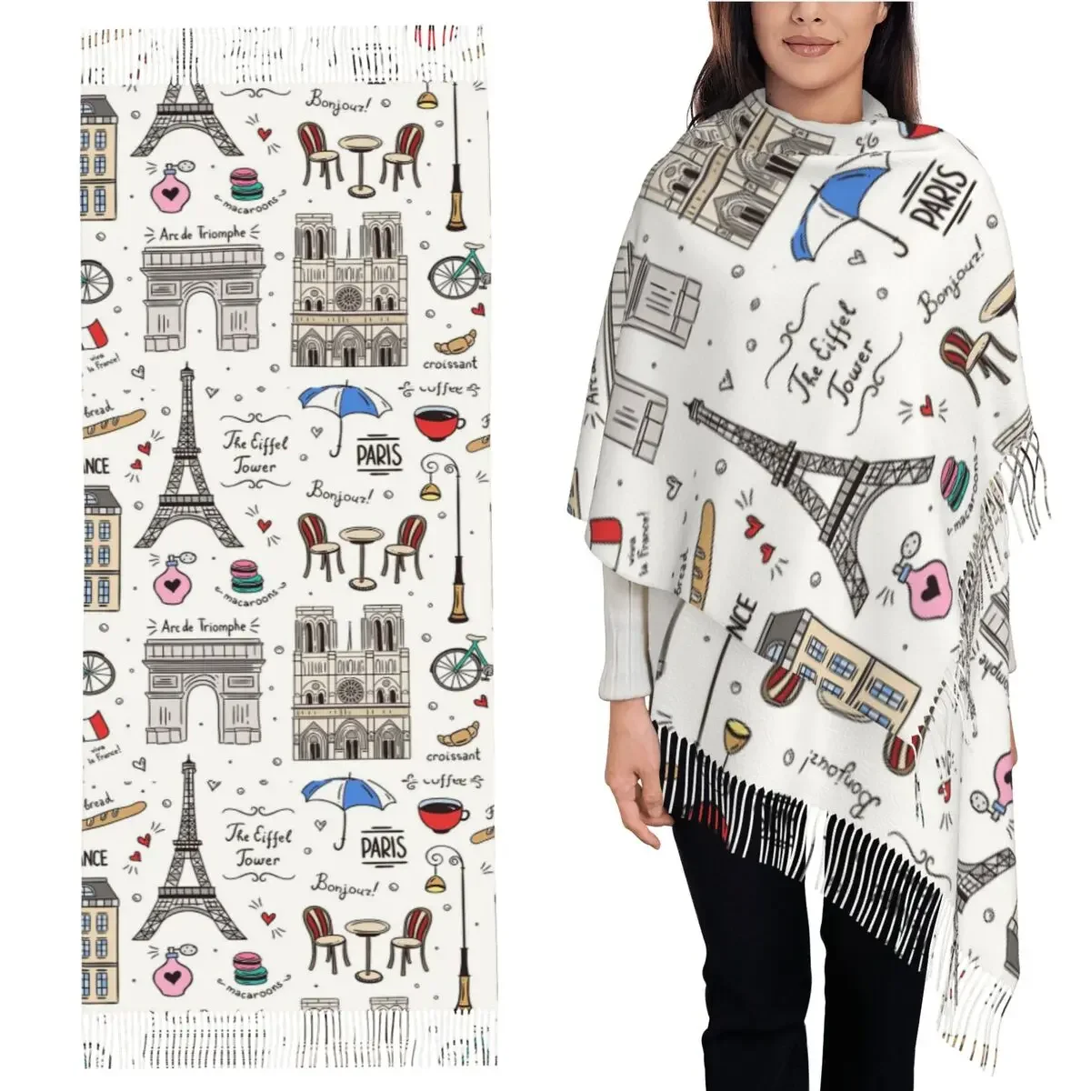 

Парижские цвета узора, шарф, шарфы с кисточками для женщин, мягкие теплые шали и накидки, большая осенне-зимняя шаль