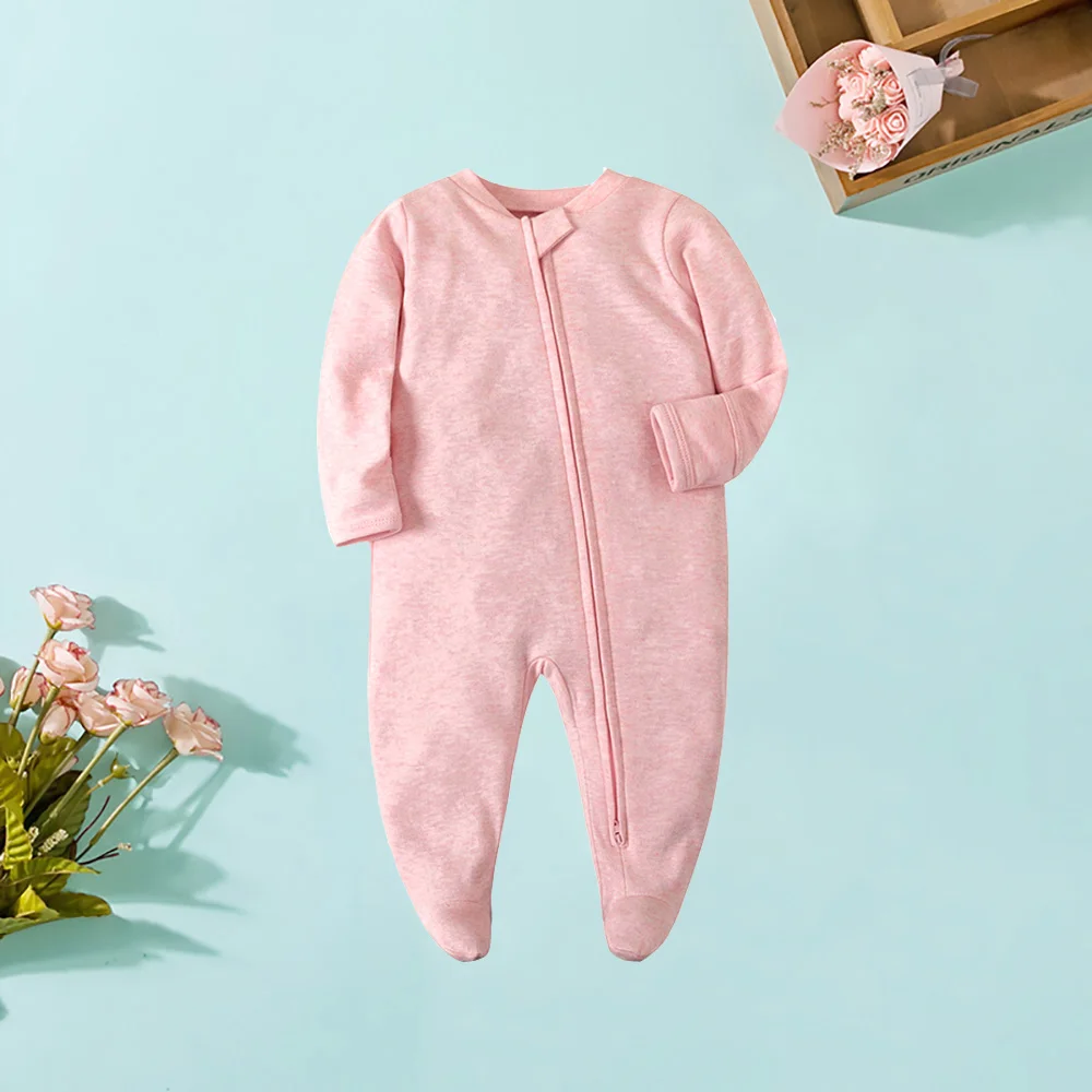 Spring Newborn Footed Pajamas Zipper Girl and Boy Romper Long Sleeve 0-12 Months Baby Clothe Jumpsuit Cotton Solid White Fashion