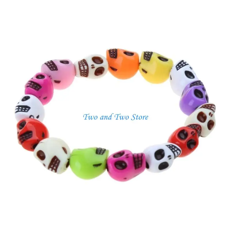 

HX6F Colorful Skull Bracelet Punk Girl Elastic Bracelet Women's Skull Linked Bracelet