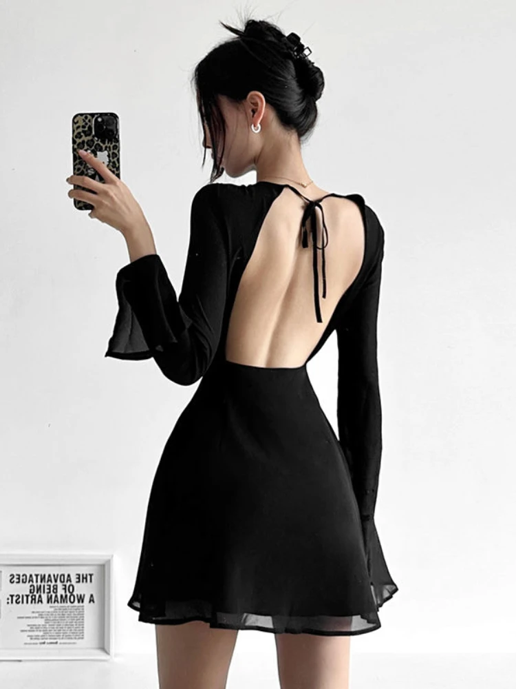 HOUZHOU Backless Black Dress Women Elegant Back Hollow Out Lace-up Long Sleeve Mesh Sheer Sexy A-line Mini Dress Evening Party