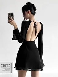 HOUZHOU-vestido negro con espalda descubierta para mujer, minivestido elegante con cordones en la espalda, manga larga, malla transparente, línea A, Sexy, fiesta de noche