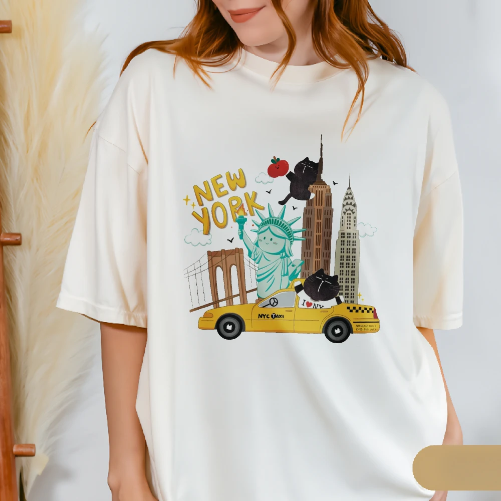 New York City Cute Cat Graphic Tee Statue Of Liberty Taxi Skyline Travel Gift Summer Unisex Trendy Shirt High quality Cotton Tee