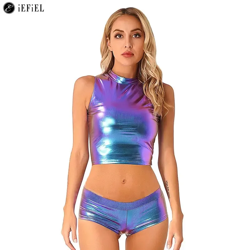 

Women Metallic Crop Tank Tops with Low Waist Hot Shorts Rave Bottoms Outfit Rock Festival Nightclub Pole Dancing Costume