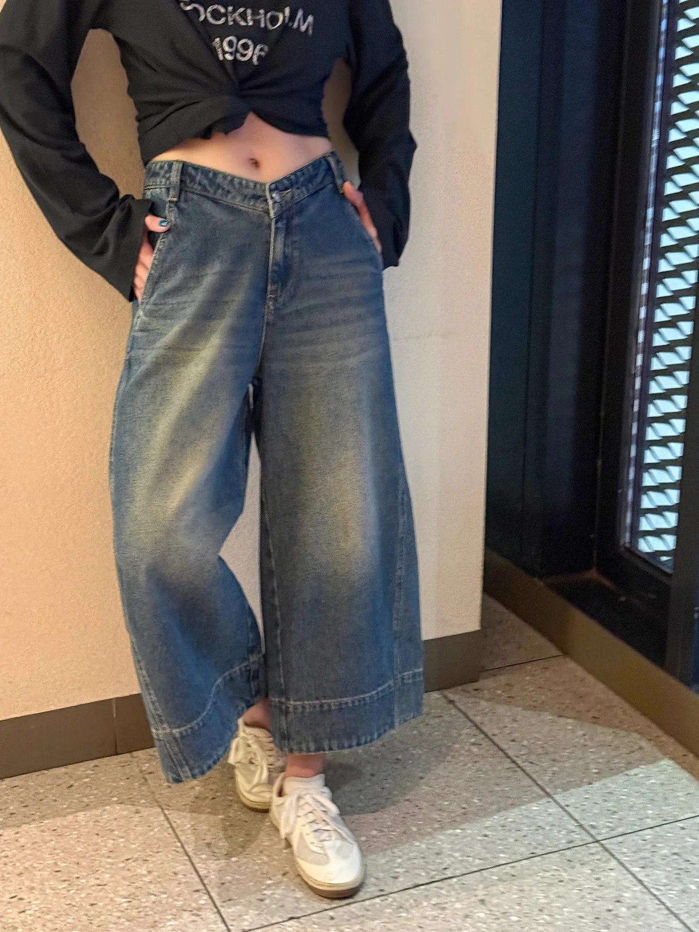 

Широкие джинсовые джинсы с девятью точками, свободный крой, хлопок, l, застежка-молния на талии, осенний сезон, женские удобные джинсы