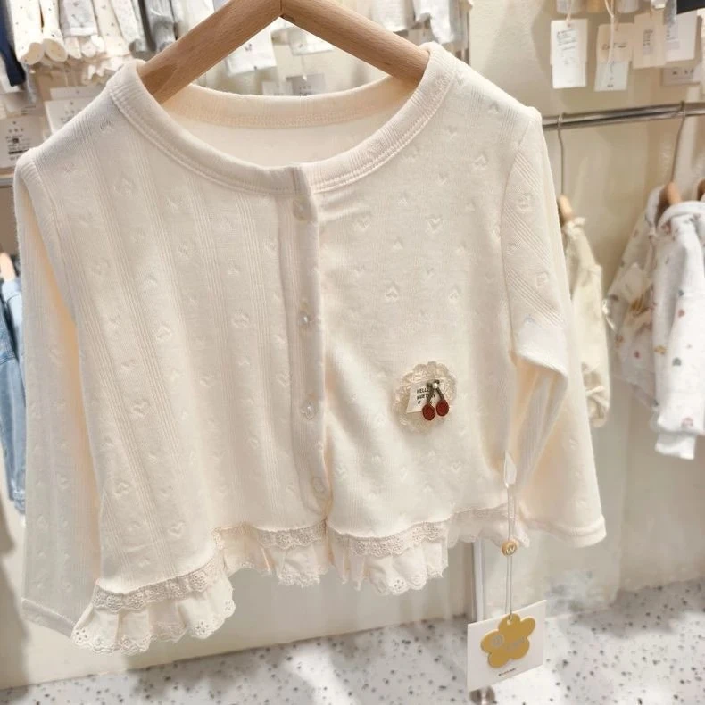 T-shirt New Model Girl Super Soft Cardigan Childrens Knitted Jacket Lace Cute Western Style Top Simple Daily Korean Fashion