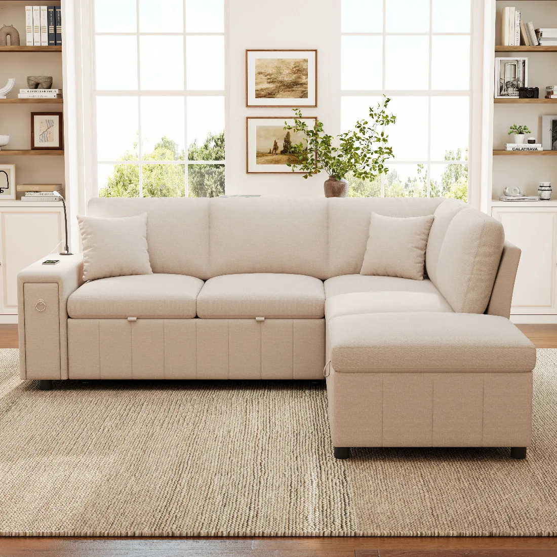 Sofá Cama Extraíble en Forma de L Color Beige con Otomana de Almacenamiento, Mesa de Centro Plegable, USB y USB-C, Luz de Lectura y 2 Cojines