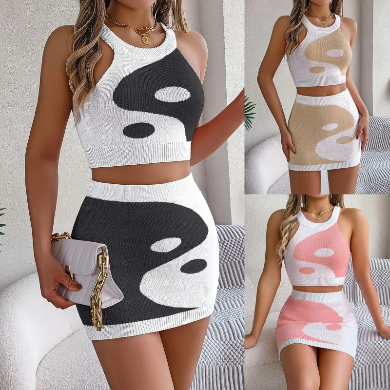 Women Spring Summer Color Block Crop Top Bodycon Skirt Knit Set 2 Piece EU US Style
