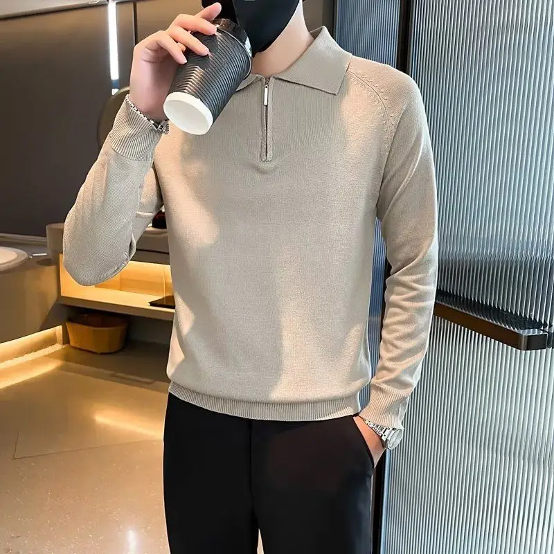 

Men's Pullover Turn-down Collar Solid Zipper Screw Thread Lantern Long Sleeve Sweater Knitted Cardigan Coats Fashion Casual Tops