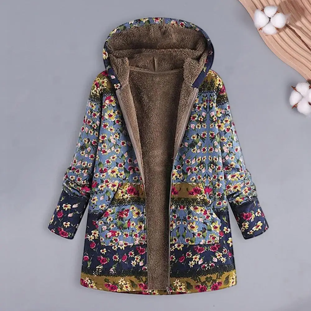 Casaco de inverno com estampa floral elegante com capuz para mulheres, jaqueta meteorológica, forro de pelúcia, fecho de correr, retenção de calor