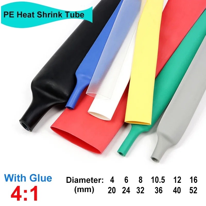 1/5m 4:1 Heat Shrink Tube With Glue Thermoretractile Heat Shrinkable Tubing Dual Wall Heat Shrink Tubing 6 8 12 16 24 36 40 52