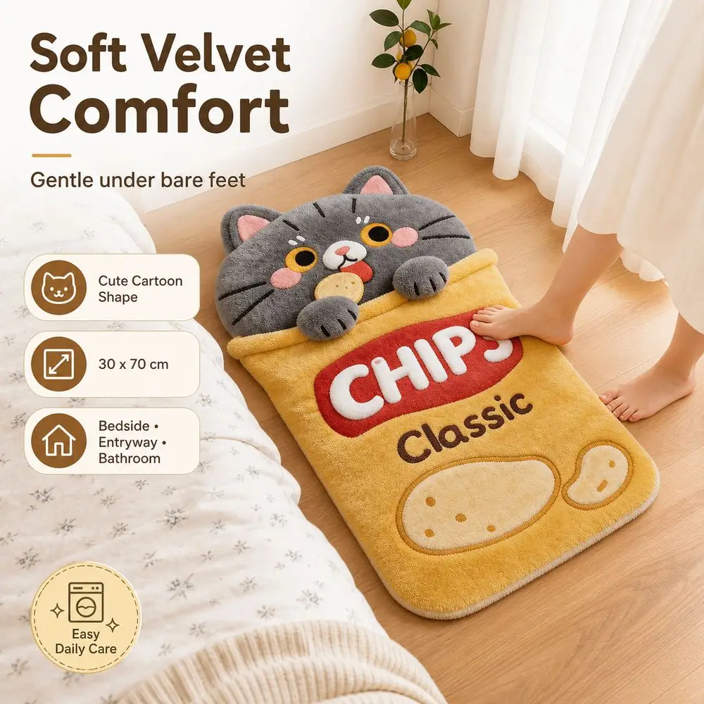 Fashion Crystal Velvet Cat Shape Floor Mat Soft Surface Easy Clean Bedside Carpet Cartoon Animal Entryway Door Mat Home Decor