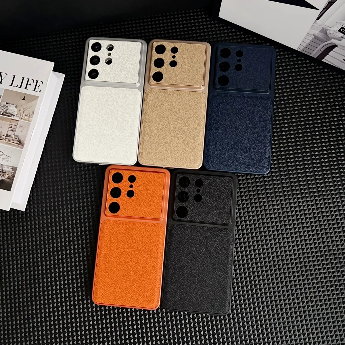 Modische Einfarbige Premium Lychee-Leder Handyhülle für Samsung S26 Ultra S25 S24 Plus mit Großem Objektivfenster Stoßfeste Rückabdeckung