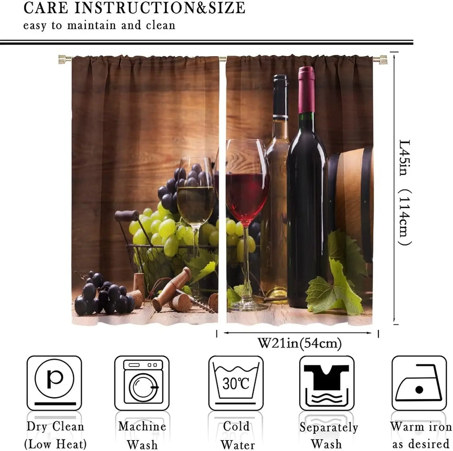 Wine Blackout Window Curtains, Glasses of Red and White Wine Served with Grapes French Gourmet Rod Pocket Curtains,2 Panels