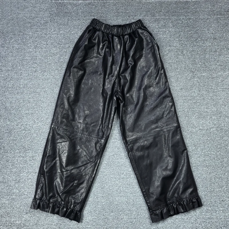 

Женские кожаные брюки прямого кроя с эффектом похудения, с высокой талией, эластичным поясом, из вощеной кожи, осенне-зимняя новинка