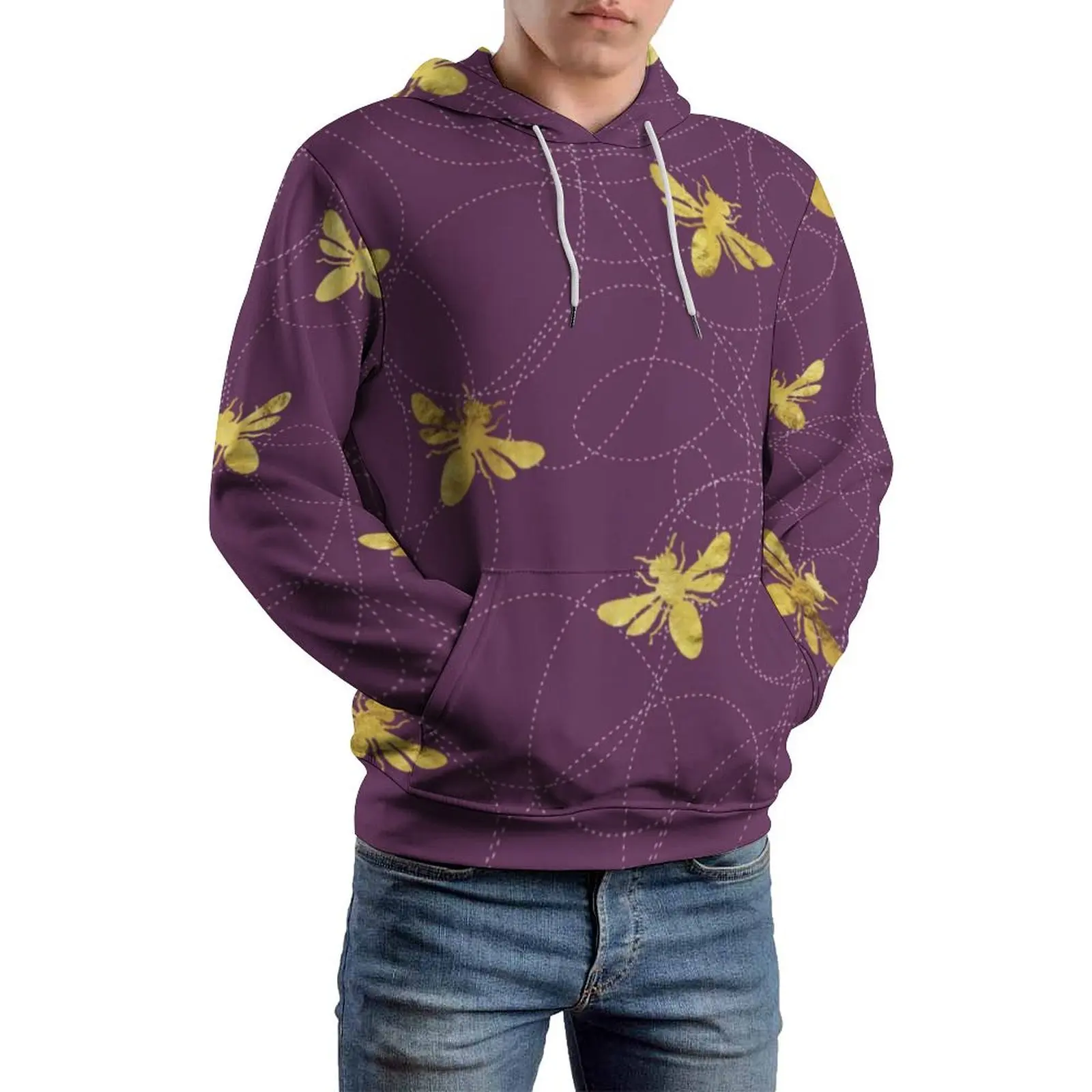 Gold Bees Loose Hoodies Animal Honeybee Print Streetwear Hoodie Men Long Sleeve Kawaii Pattern Sweatshirts 4XL 5XL 6XL