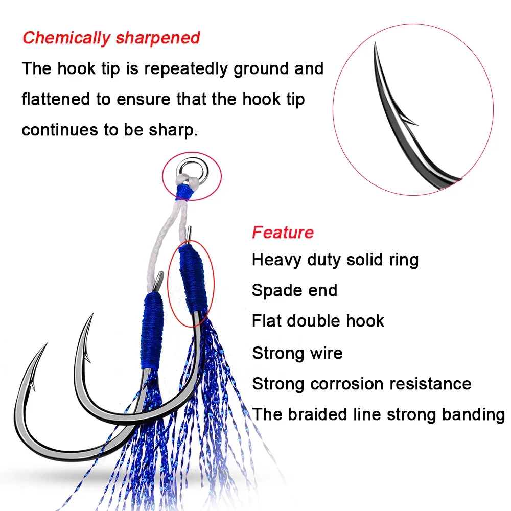 Atacado de aço de alto carbono duplo auxiliar ganchos gabarito metal gancho de pesca de água salgada com cristal flash ouropel fábrica