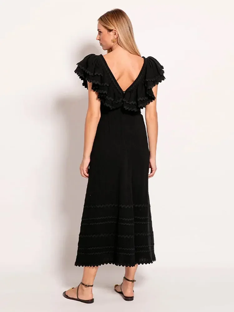 Women Elegant Layered Ruffles Pleated Solid Maxi Dress Chic V Neck Sleeveless High Waist Long Dresses Summer Lady Street Robes