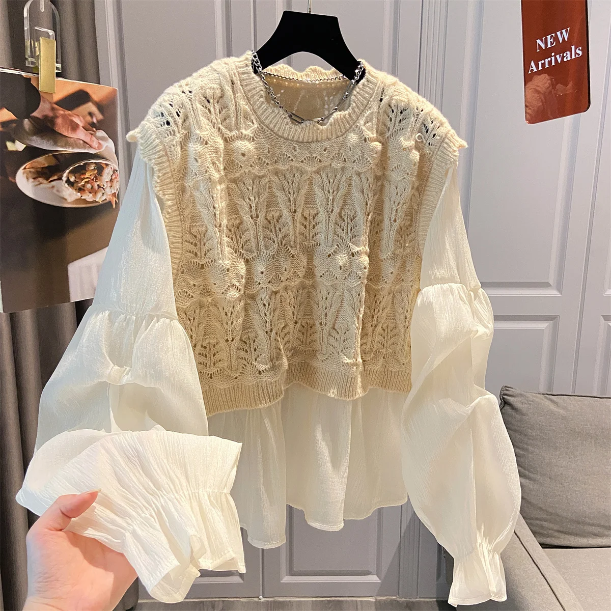 Elegant French Lace Sleeve Sweater Women\'s Fake Two Patchwork Women\'s Tops Sweet Knit Vest Sweater