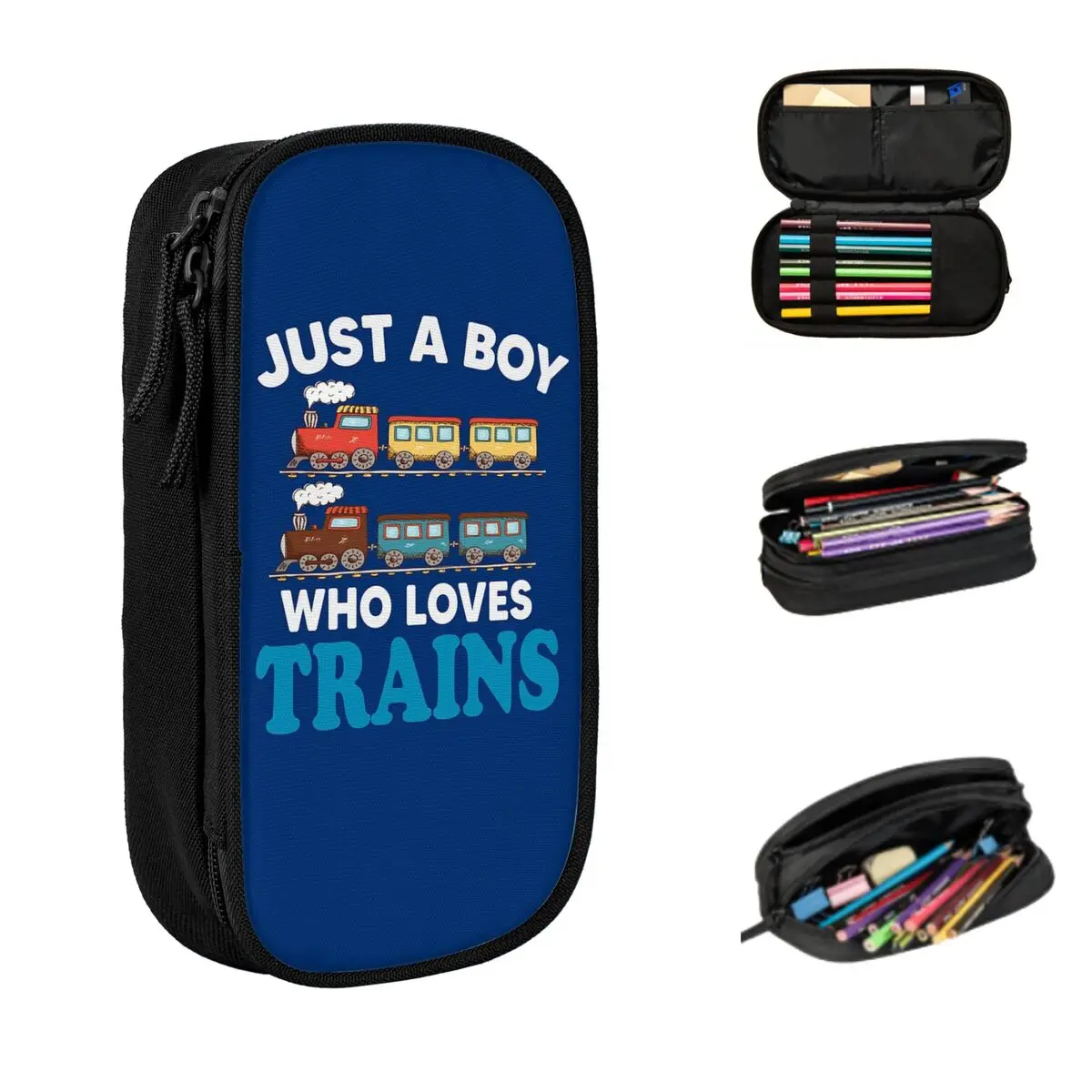 Birthday Kids Just A Boy Who Loves Trains Funny Design Kids Pencil Cases Pen Bags Pen Box Pencil Pouch For Boys Girls Students