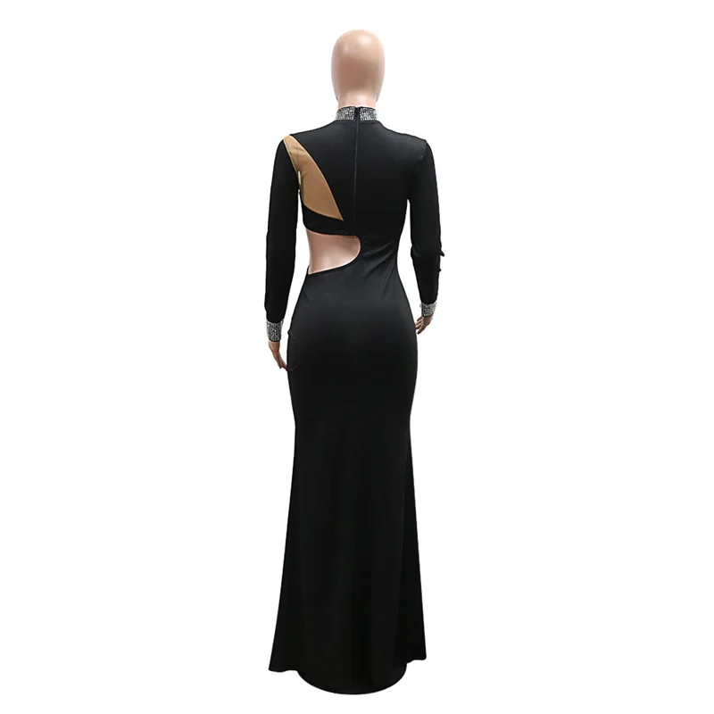 Women Turtleneck Mesh Patchwork Rhinestone Sexy Long Party Dresses Slim Cut Out Side High Split Irregular Maxi Night Club Dress