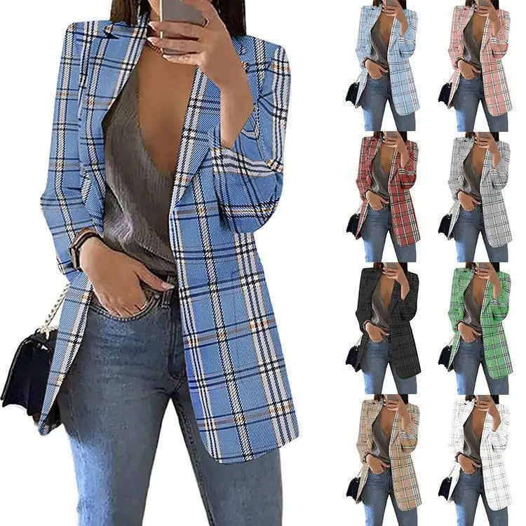 

Women's Plaid Suit Lapel Cardigan Jaet Casual Commute Sle Slim Fit Long Sve Mid-Length Coat Casual Scène Faion