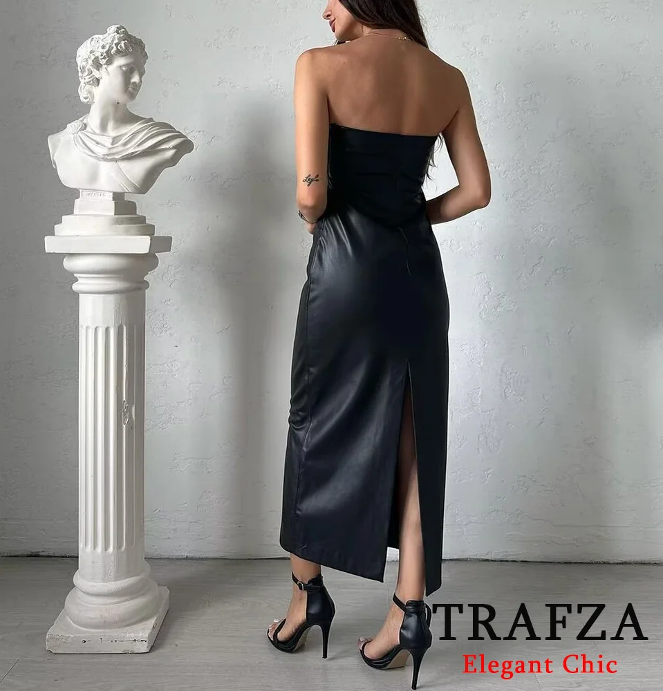 TRAFZA-Women Hot-Sexy Bodycon Dress Leather Strapless Midi Dress New 2025 Fashion Spring Summer Glamorous NightClub Party Dress