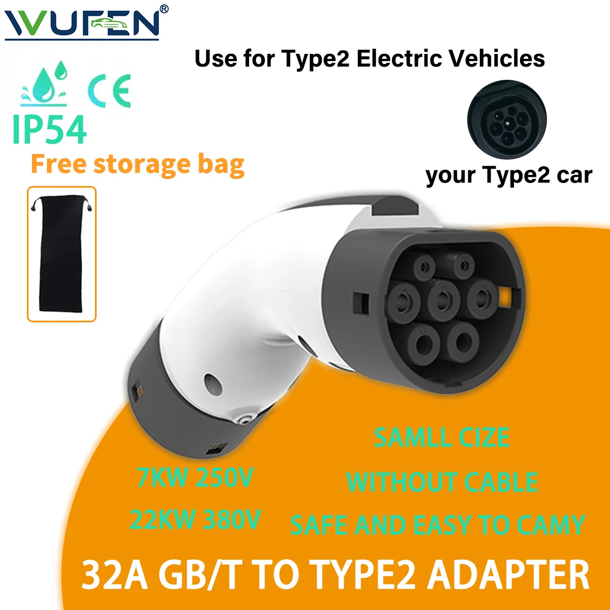 WUFEN EV Charger Station Adapter GBT to Type 2 IEC 62196-2 Converter EVSE Single/Three Phase Connector 16A 32A for Type 2 Cars
