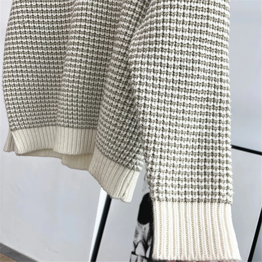 Damski sweter z okrągłym dekoltem, długim rękawem, łączony z efektownym jedwabiem, luźny, mieszanka kaszmiru, dzianina, kolekcja Jesień/Zima 25