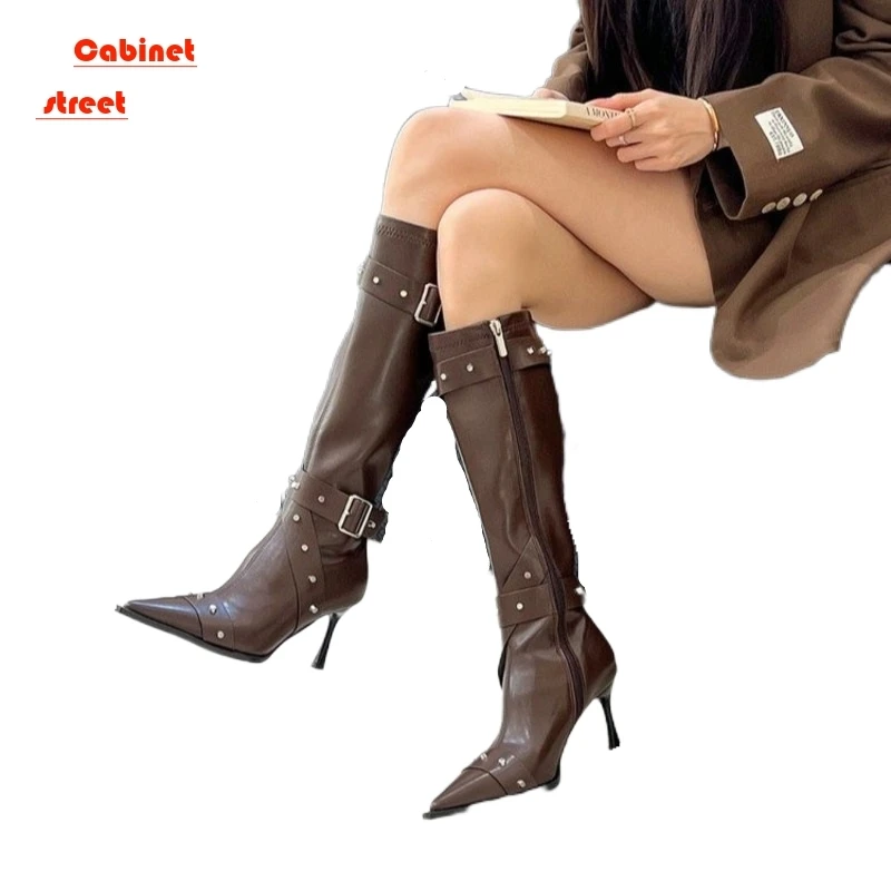 

Long Mid-calf Boots Female Pointed High Heel Boots Women 2024 New European and American Knee-high Boots Thin Heel High Knight