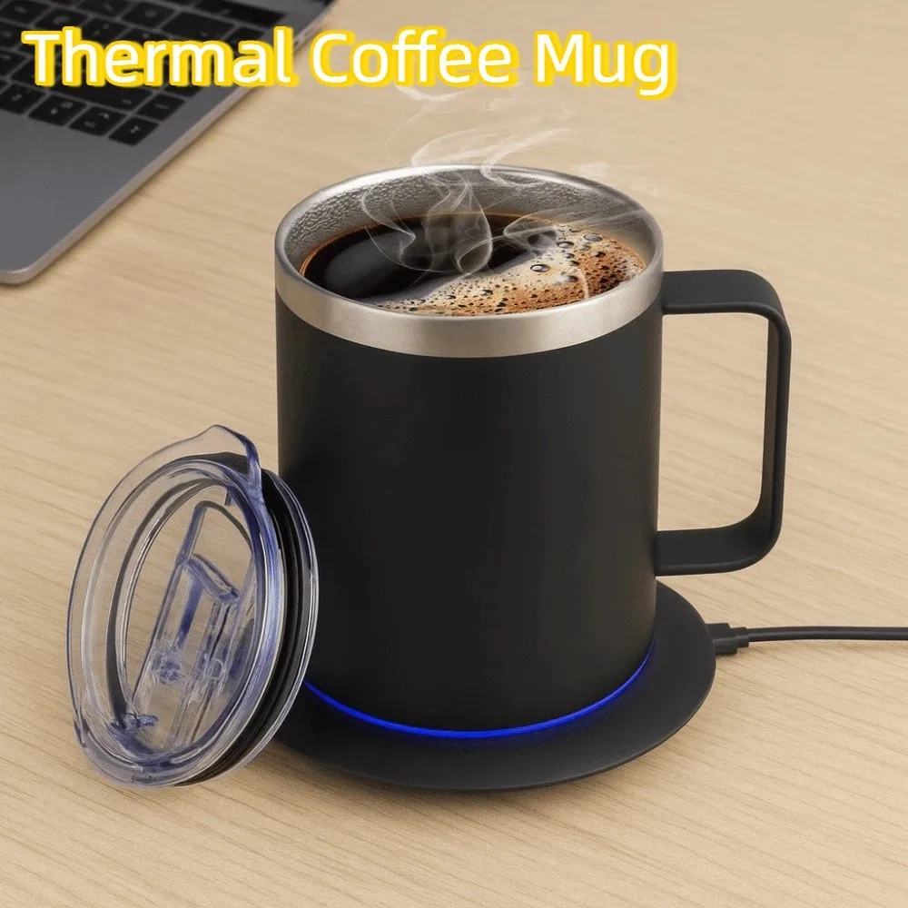 Intelligent Self-Heating Coffee Mug USB Powered with Lid Auto Heat Coffee Mug Double Layer Stainless Steel