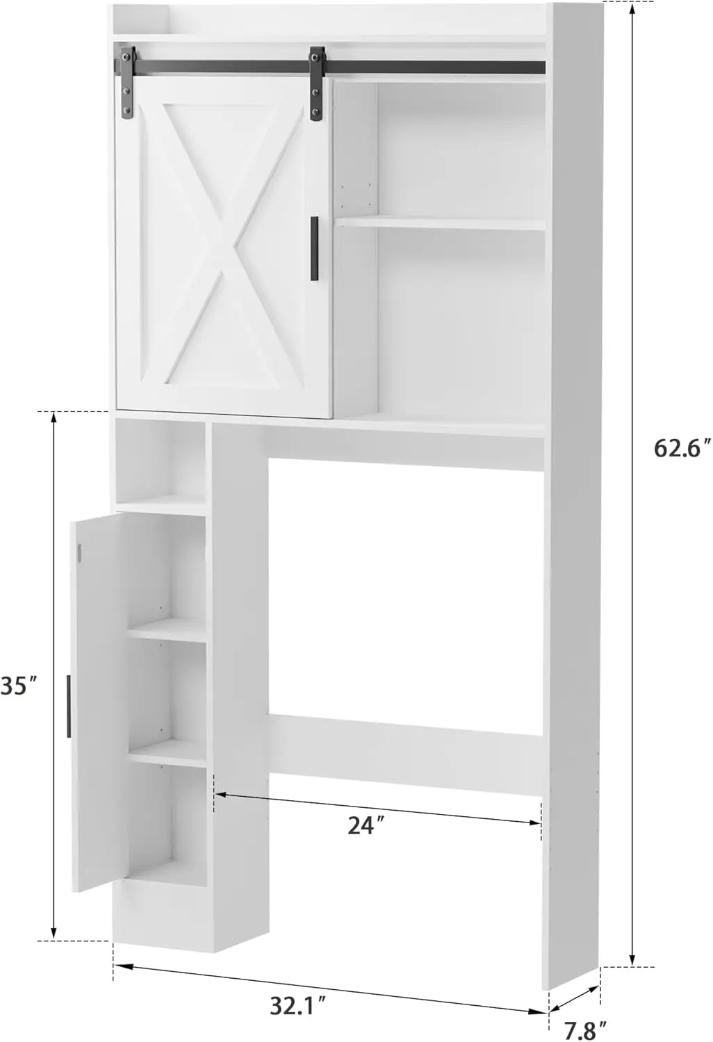 White Bathroom Over Toilet Storage Cabinet Sliding Barn Door & Side Shelves - Elegant Design for Organizing Bathroom Essentials