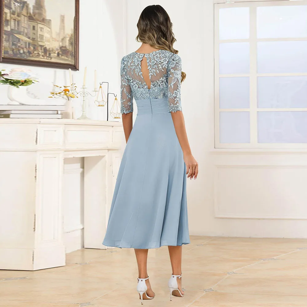 カスタマイズされた絶妙なレースアップリケの母の花嫁ドレス、ティーレングスシフォン、ティーレングスフォーマルイブニングパーティガウン2025